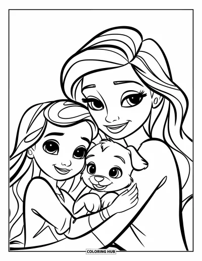 Målarbild med mamma och dotter för barn: En mamma och dotter som gosar med sin lena valp med glädje