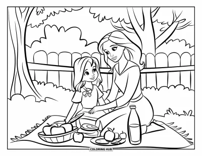 Målarbild med mamma och dotter för barn: En mamma och dotter som njuter av en picknick med frukt och juice utomhus