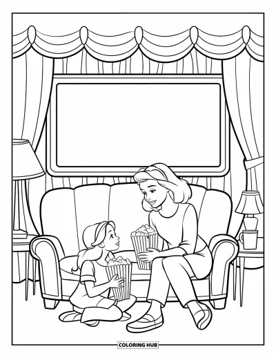 Målarbild med mamma och dotter för barn: En mamma och dotter som äter popcorn under deras filmkväll