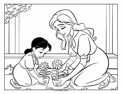 Målarbild med mamma och dotter för barn: En mamma och dotter som planterar blommor sida vid sida