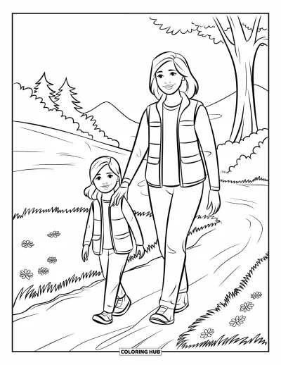 Målarbild med mamma och dotter för barn: En mamma och dotter som utforskar naturen på en bergsvandr­ing