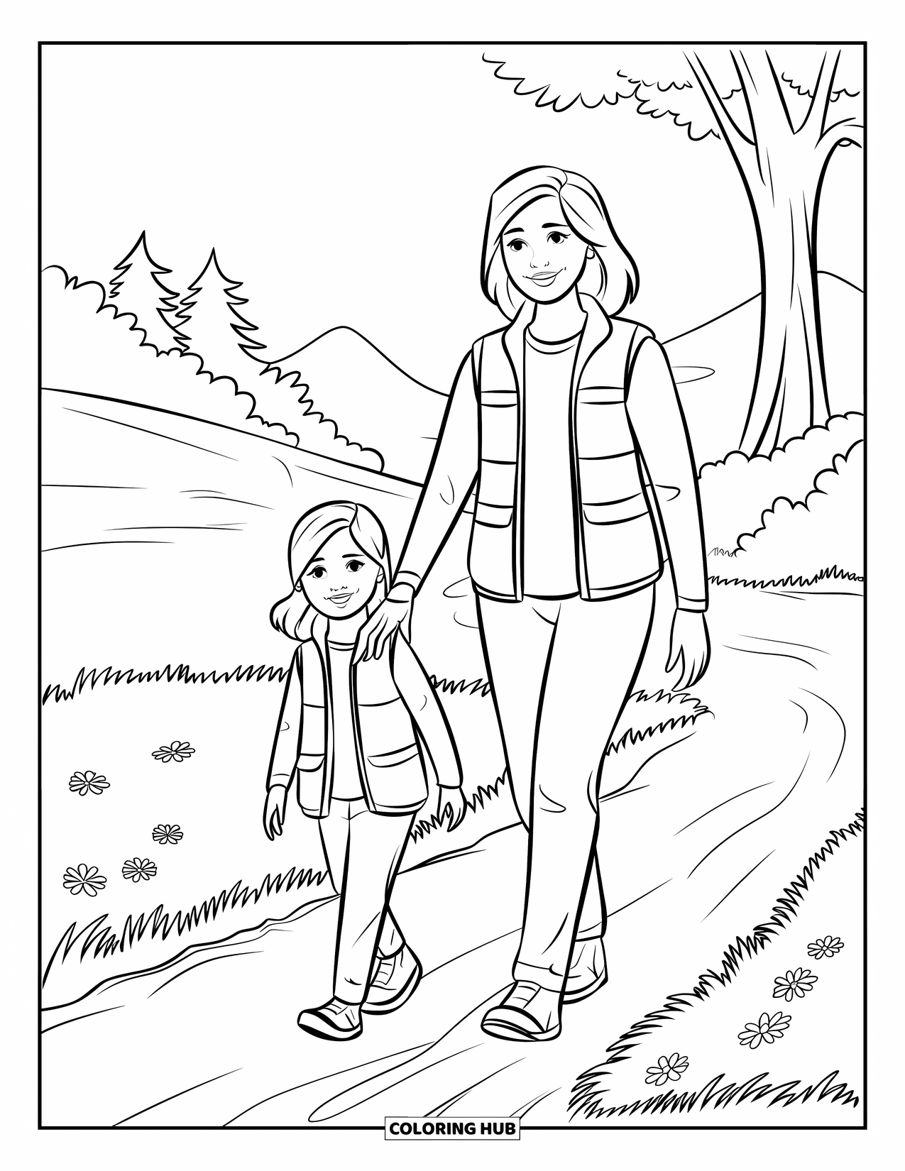 Mom And Daughter Coloring Page for Kids: A mom and daughter exploring nature on a mountain hike