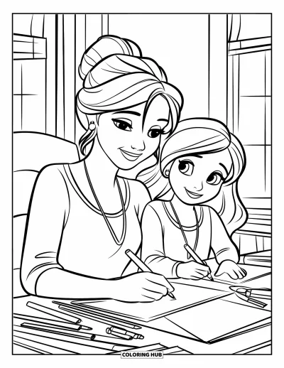 Målarbild med mamma och dotter för barn: En mamma och dotter som glatt ritar tillsammans i ett ljust rum