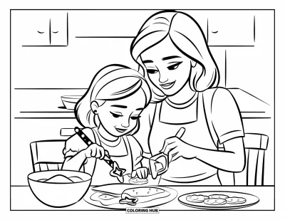 Målarbild med mamma och dotter för barn: En mamma och dotter som har kul och bakar kakor med söta köksredskap