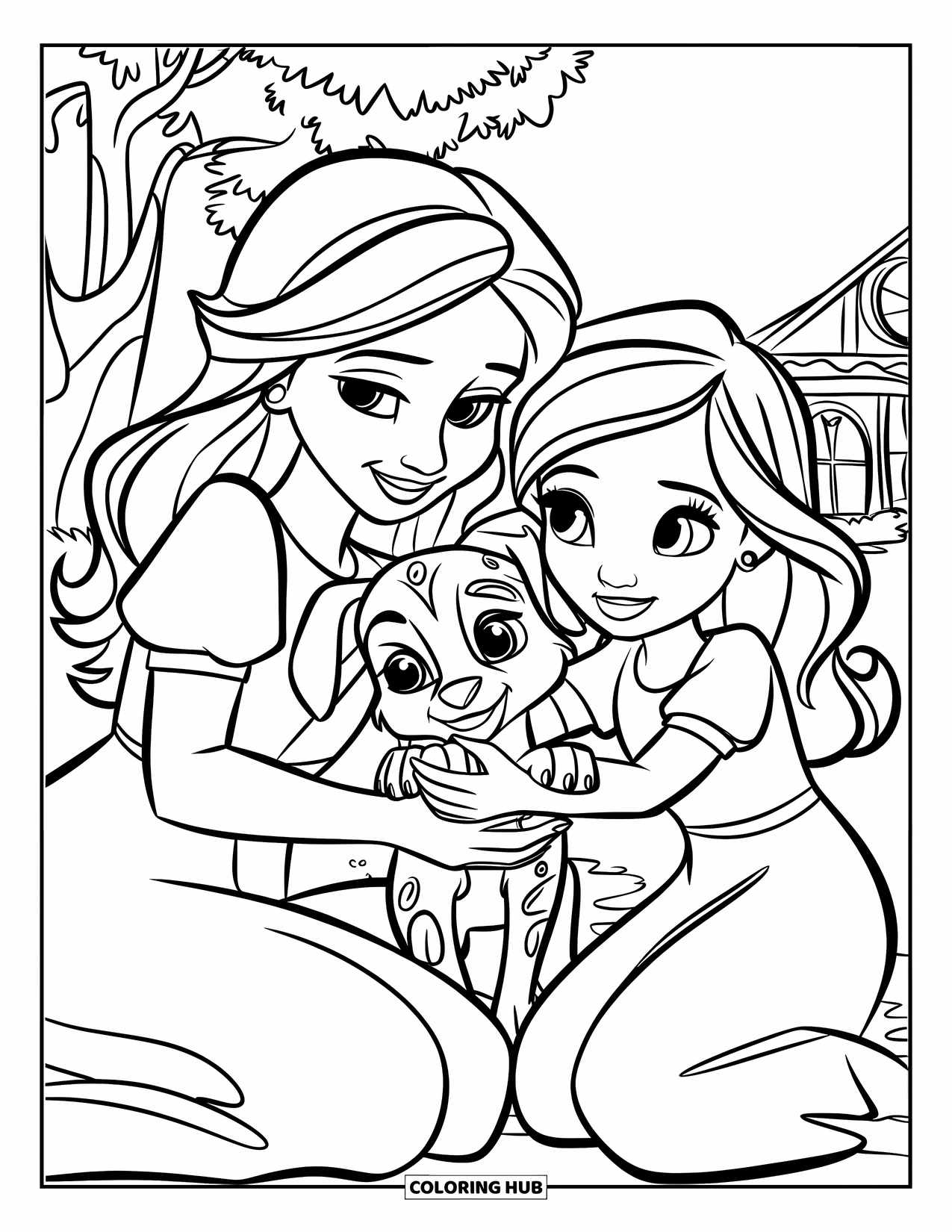 Mom And Daughter Coloring Page for Kids: A mom and daughter hugging their puppy near a tree and house