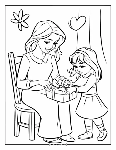 Målarbild med mamma och dotter för barn: En mamma och dotter som glatt slår in en present till Mors dag