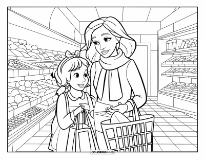 Målarbild med mamma och dotter för barn: En mamma och dotter som plockar matvaror och pratar i butiksgångarna