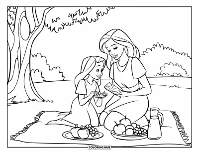 Målarbild med mamma och dotter för barn: En mamma och dotter som vilar under ett träd med frukt och juice