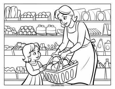 Målarbild med mamma och dotter för barn: En mamma och dotter som väljer matvaror med leenden och omsorg