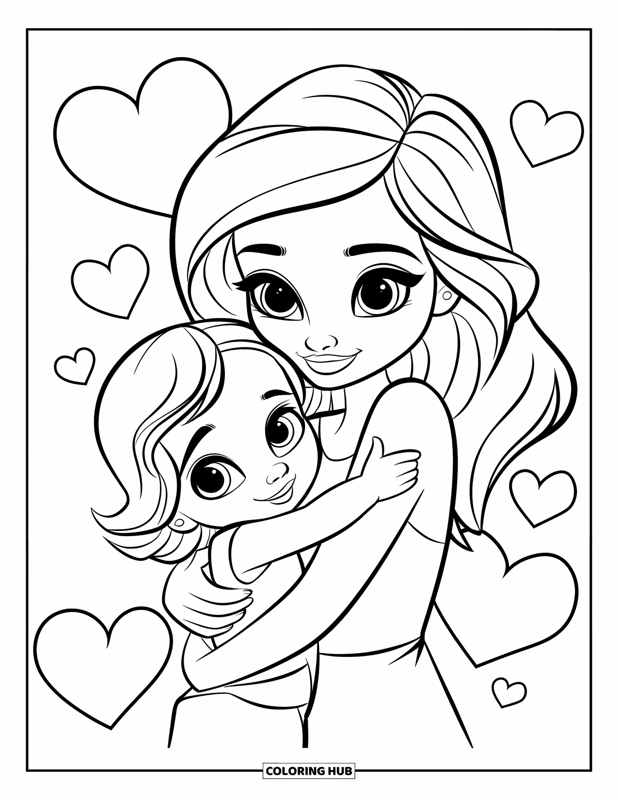 Mom And Daughter Coloring Page for Kids: A mom and daughter sharing a warm hug surrounded by hearts