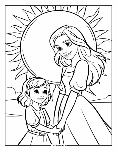 Målarbild med mamma och dotter för barn: En mamma och dotter som ler tillsammans i varmt solsken