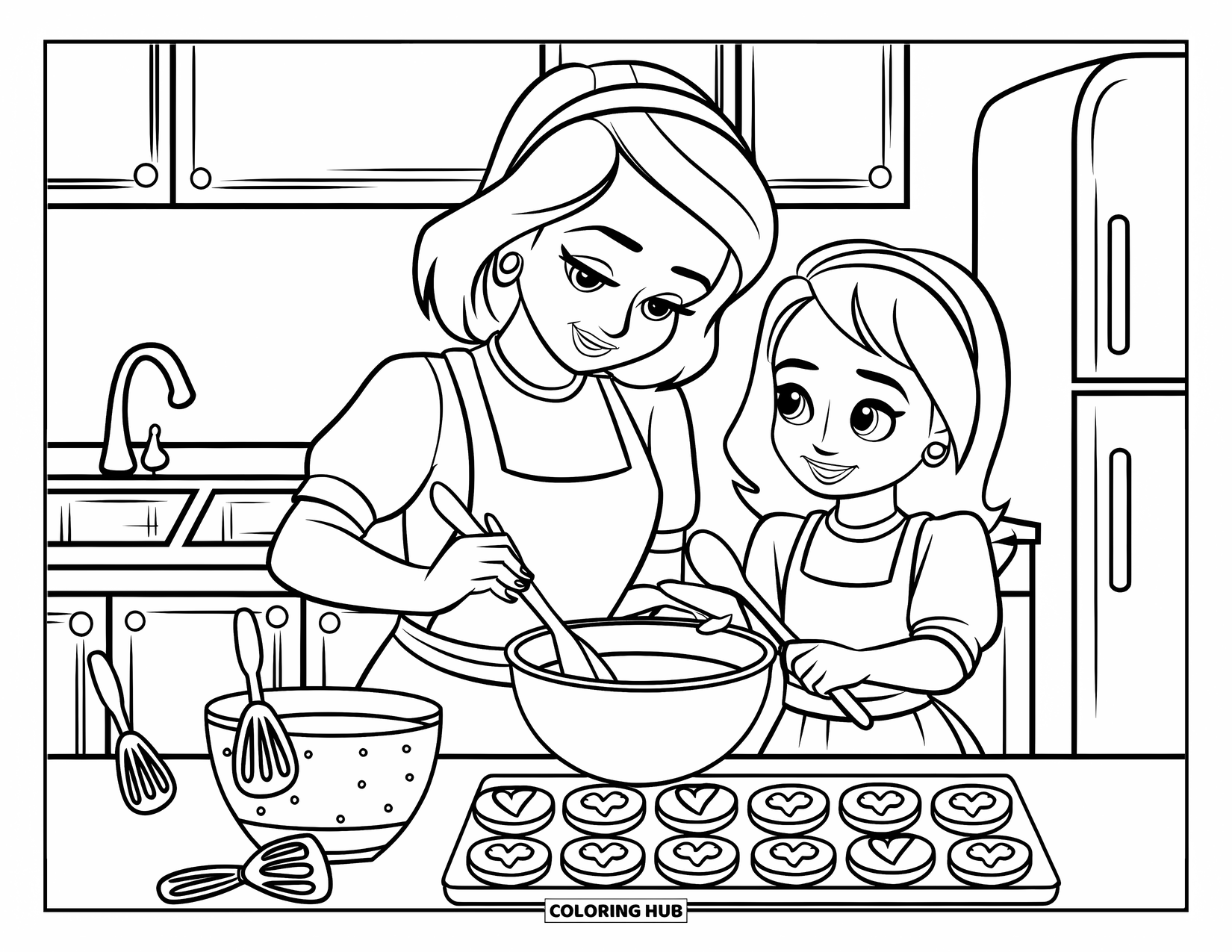 Mom And Daughter Coloring Page for Kids: A mom and daughter smiling while baking cookies in their kitchen