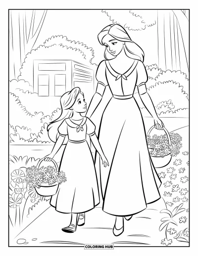 Målarbild med mamma och dotter för barn: En mamma och dotter som strosar genom en blommande trädgård med korgar