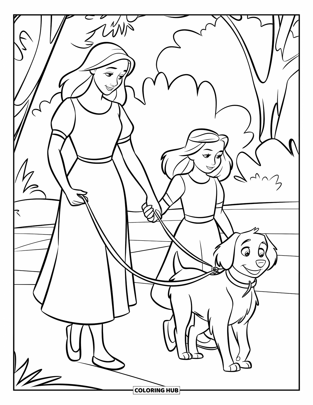 Mom And Daughter Coloring Page for Kids: A mom and daughter walking their dog along a peaceful path