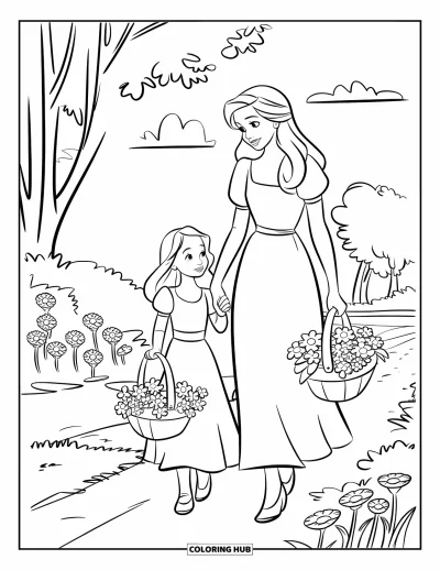 Målarbild med mamma och dotter för barn: En mamma och dotter som promenerar genom en fridfull blomsterträdgård