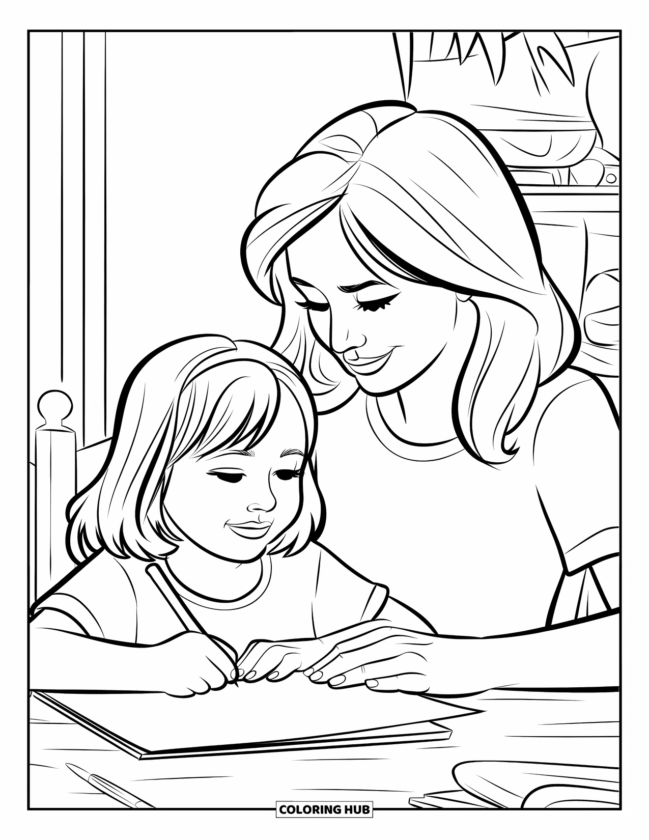 Mom And Daughter Coloring Page for Kids: A mom and daughter working on homework together at a small table
