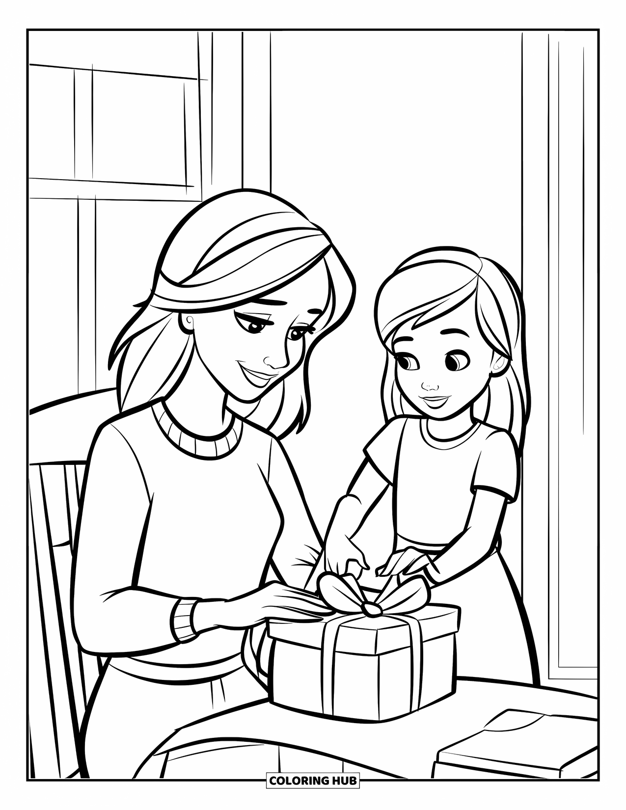 Mom And Daughter Coloring Page for Kids: A mom and daughter wrapping a Mother's Day gift together