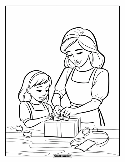 Målarbild med mamma och dotter för barn: En mamma och dotter som slår in en fin present till Mors dag