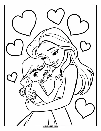 Målarbild med mamma och dotter för barn: En mamma som kramar sin dotter med hjärtan som svävar runt dem