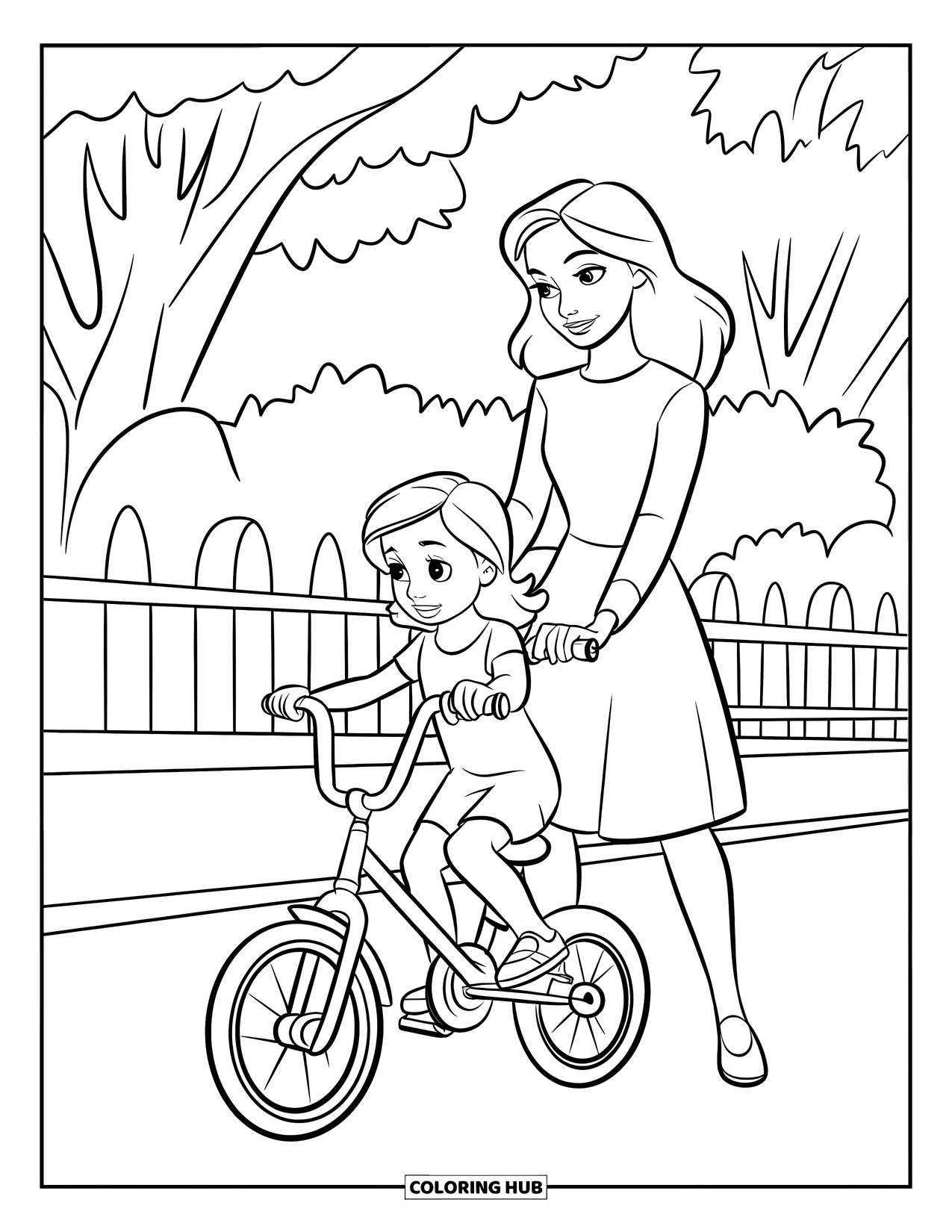 Mom And Daughter Coloring Page for Kids: A mom steadying her daughter's bike on a sunny park path