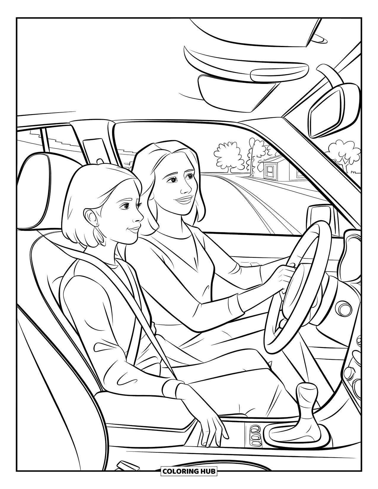 Mom And Daughter Coloring Page for Kids: A mom teaching her daughter to drive on a quiet road