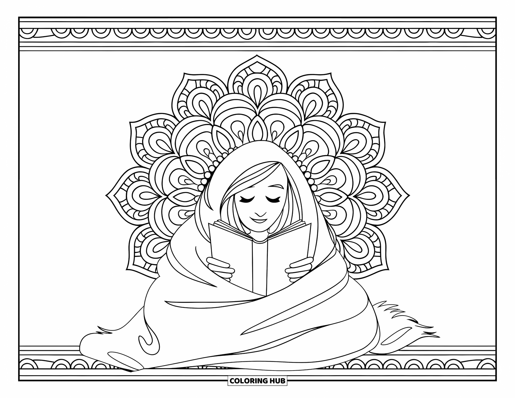 Mom Coloring Page for Adults: A calm reading scene framed by a lace-inspired mandala design