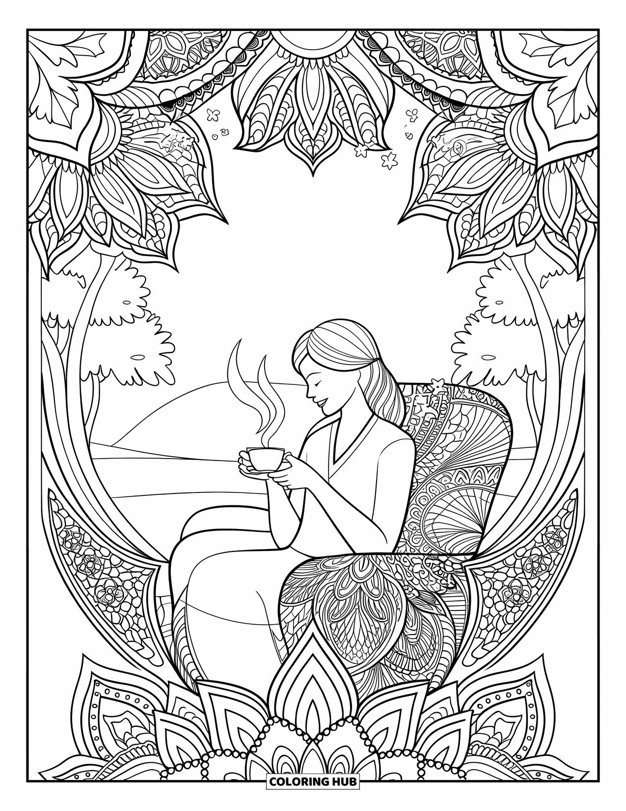 Mom Coloring Page for Adults: A calm tea-drinking mom framed by floral mandala designs