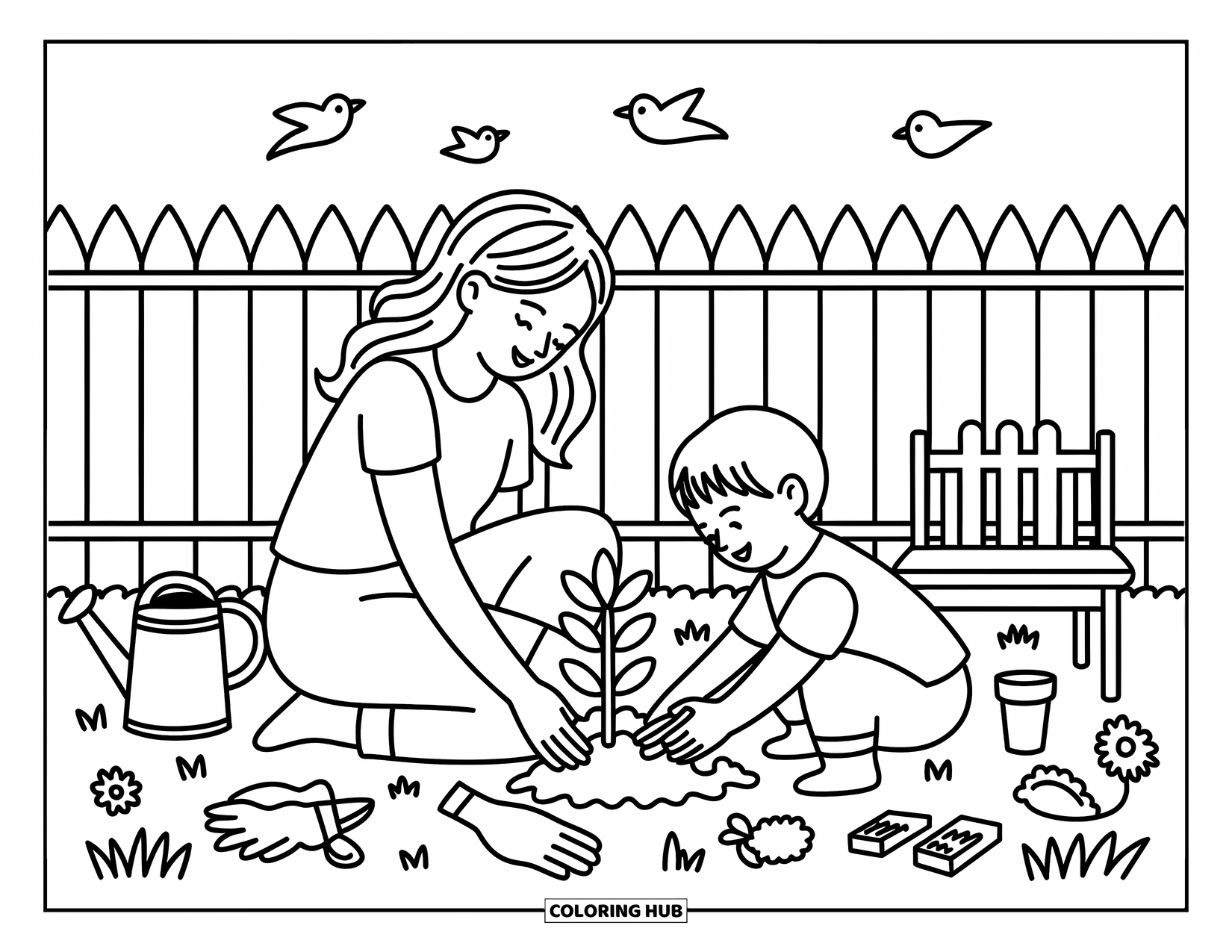Mom Coloring Page for Adults: A cheerful garden scene where a mom and child plant a young sapling