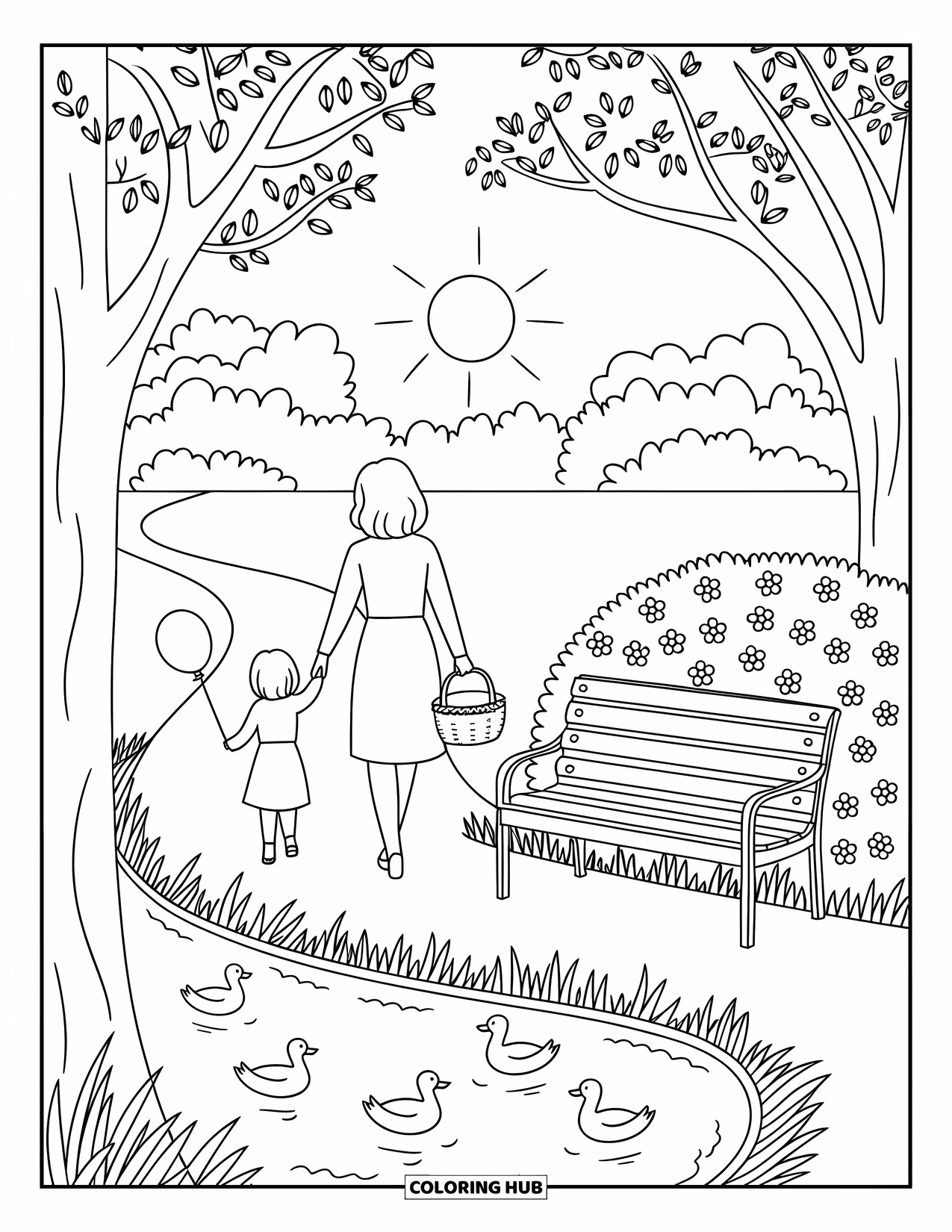 Mom Coloring Page for Adults: A cheerful park walk as a mom and child hold hands with a balloon
