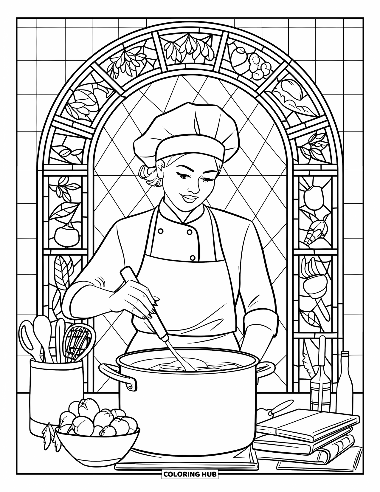 Mom Coloring Page for Adults: A chef mom stirs a pot surrounded by kitchen tools and herbs