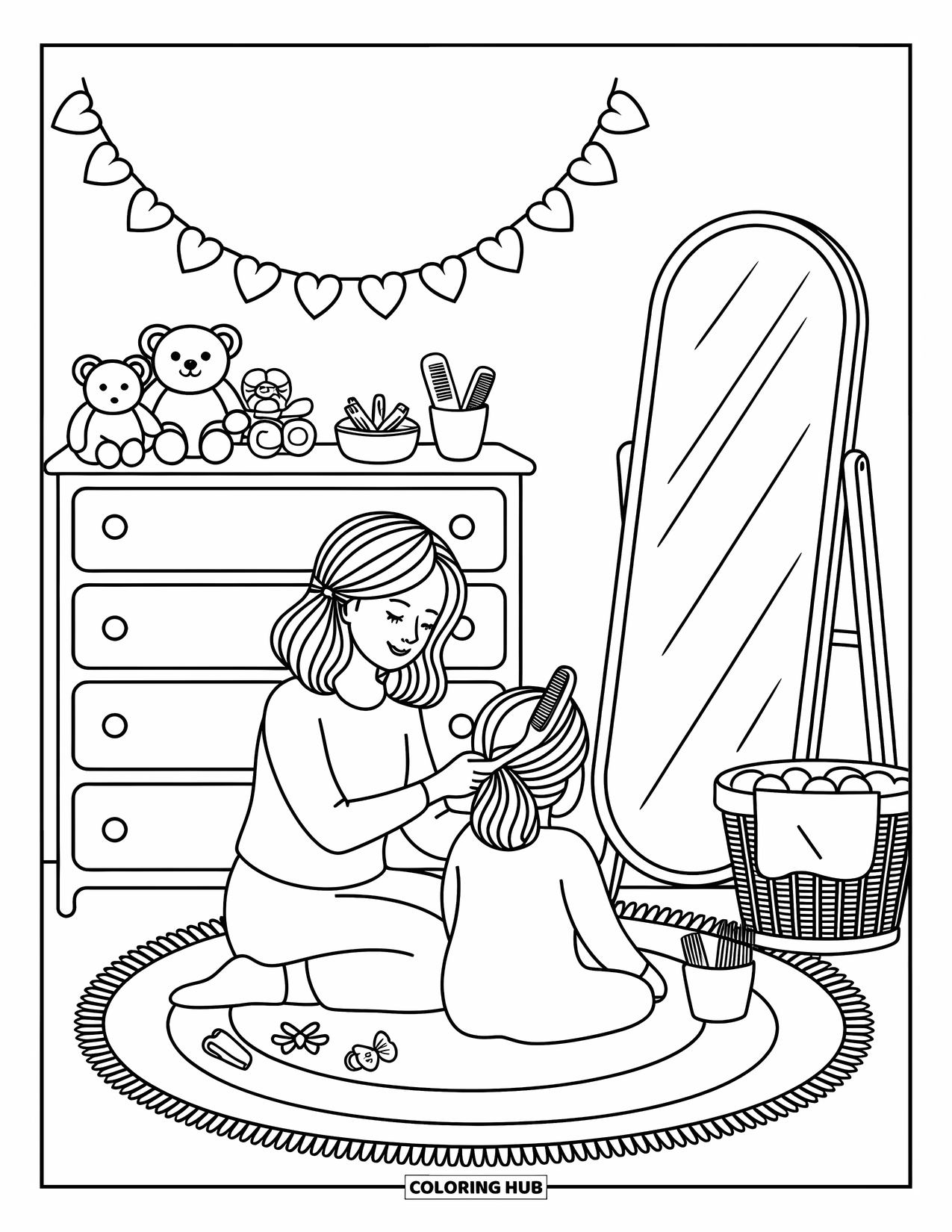 Mom Coloring Page for Adults: A cozy bedroom scene with a mom brushing her childís hair by the mirror