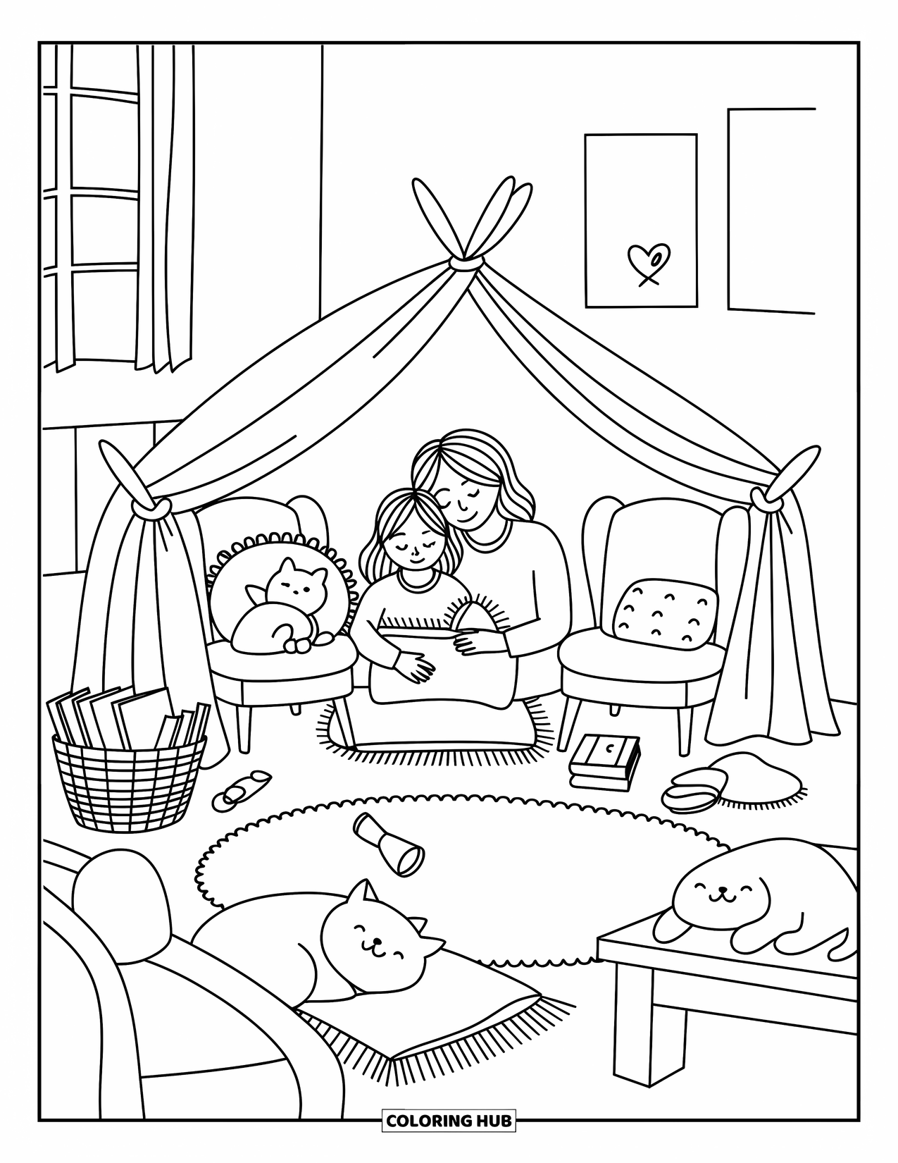 Mom Coloring Page for Adults: A cozy blanket fort moment with a mom and child smiling inside