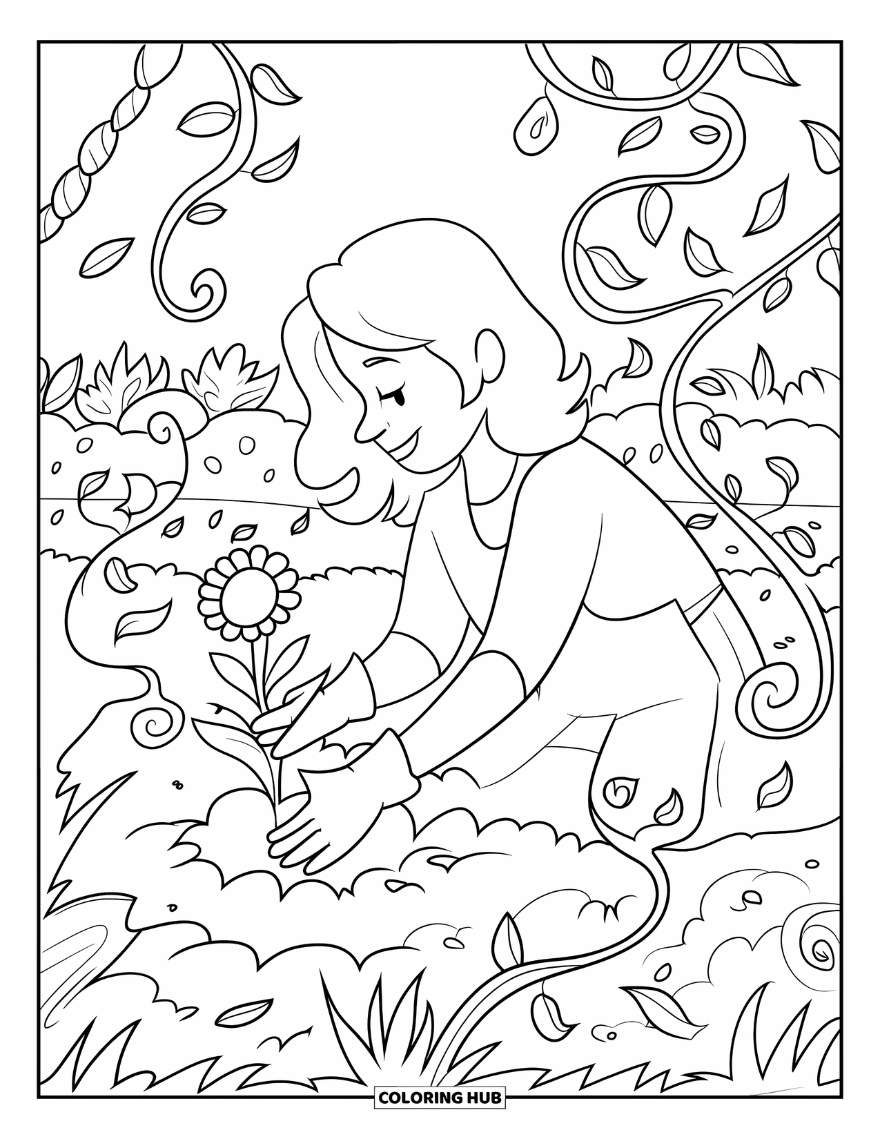 Mom Coloring Page for Adults: A gardening mom surrounded by swirling vines and leafy mandalas