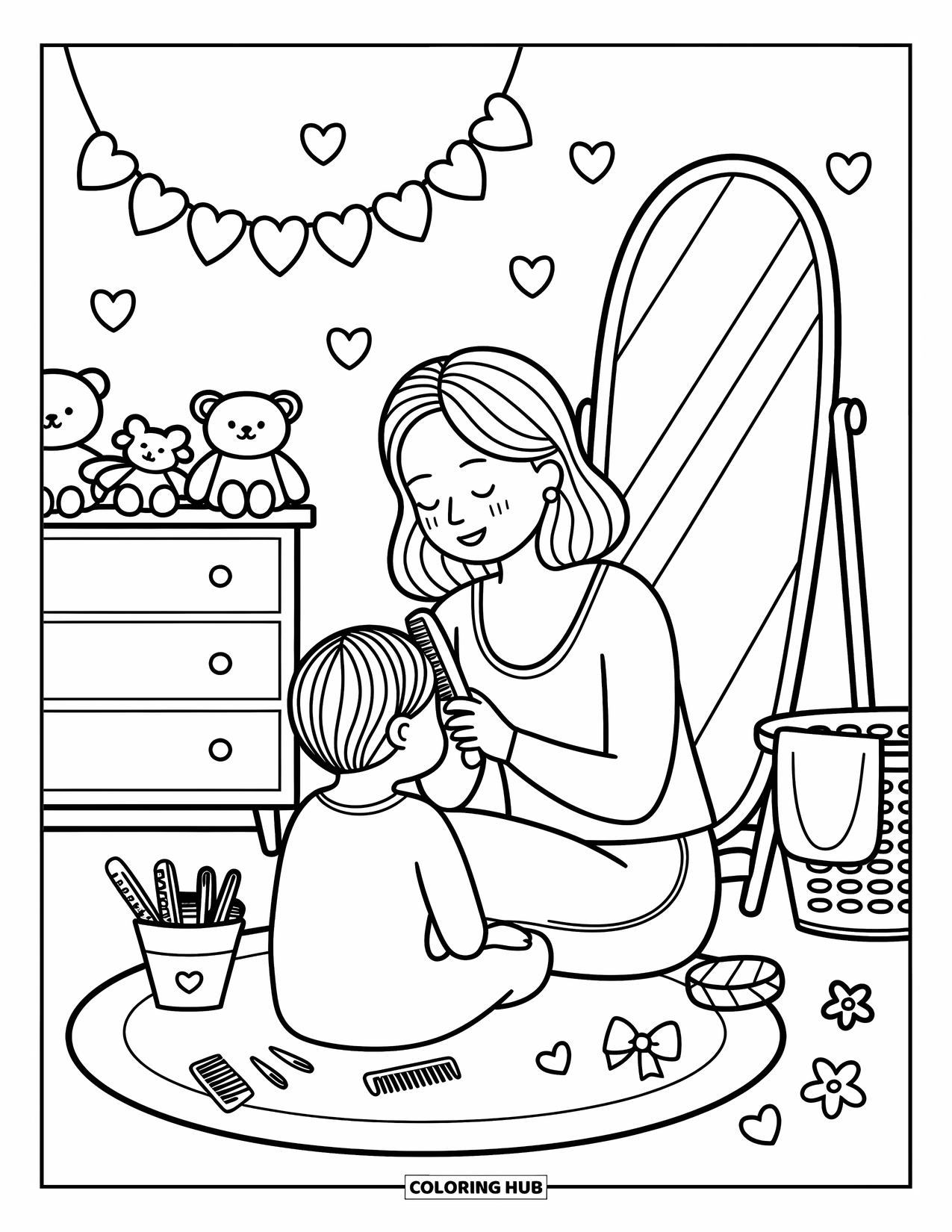 Mom Coloring Page for Adults: A loving mother brushes her childís hair surrounded by bows and toys