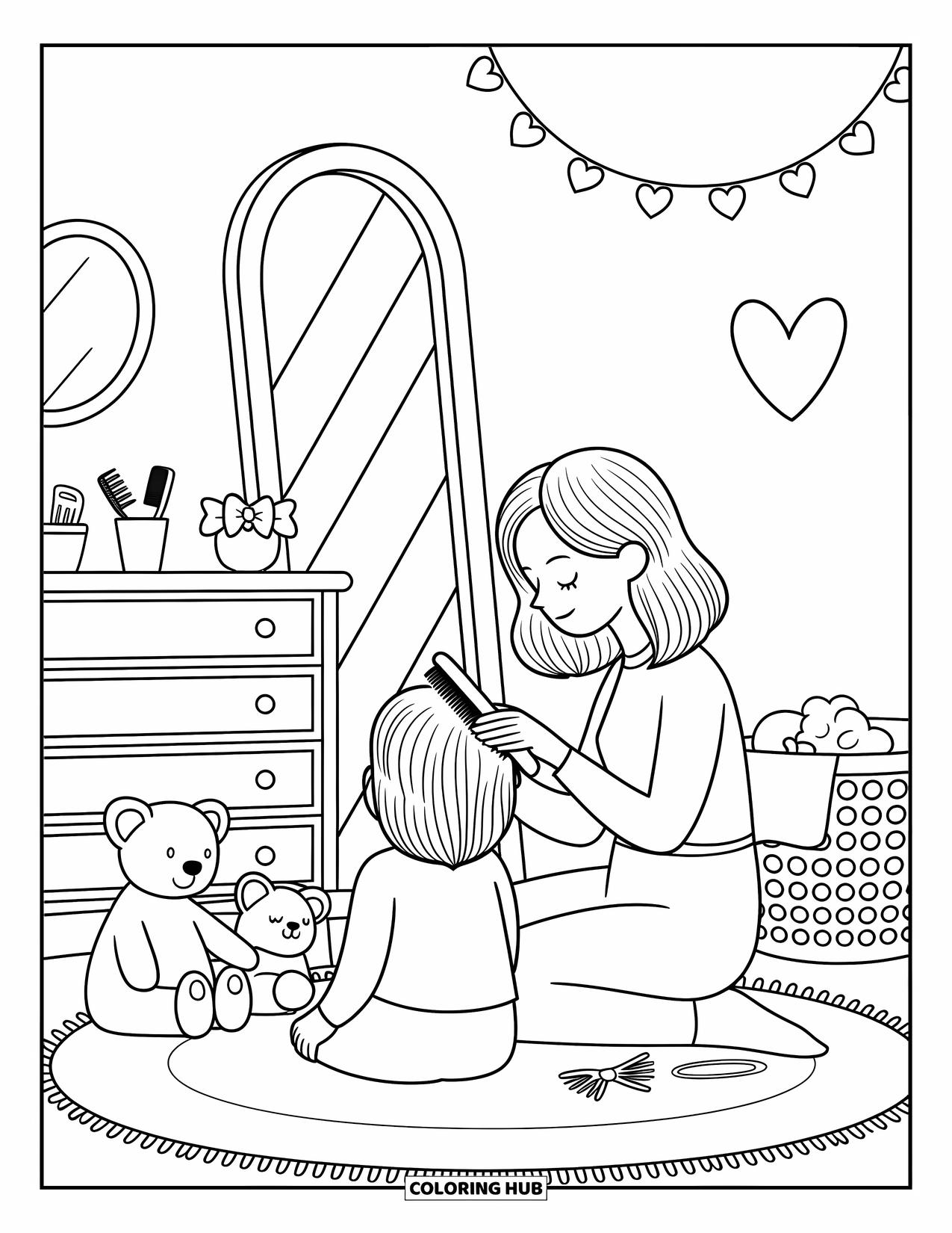 Mom Coloring Page for Adults: A mom brushes her childís hair in a softly lit, cozy bedroom