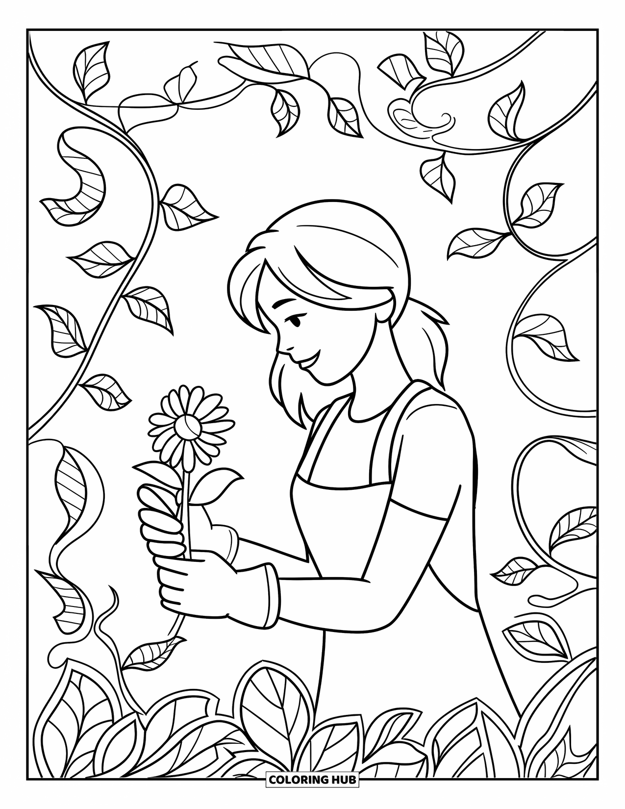 Mom Coloring Page for Adults: A mom gardens wearing gloves, holding a blooming flower