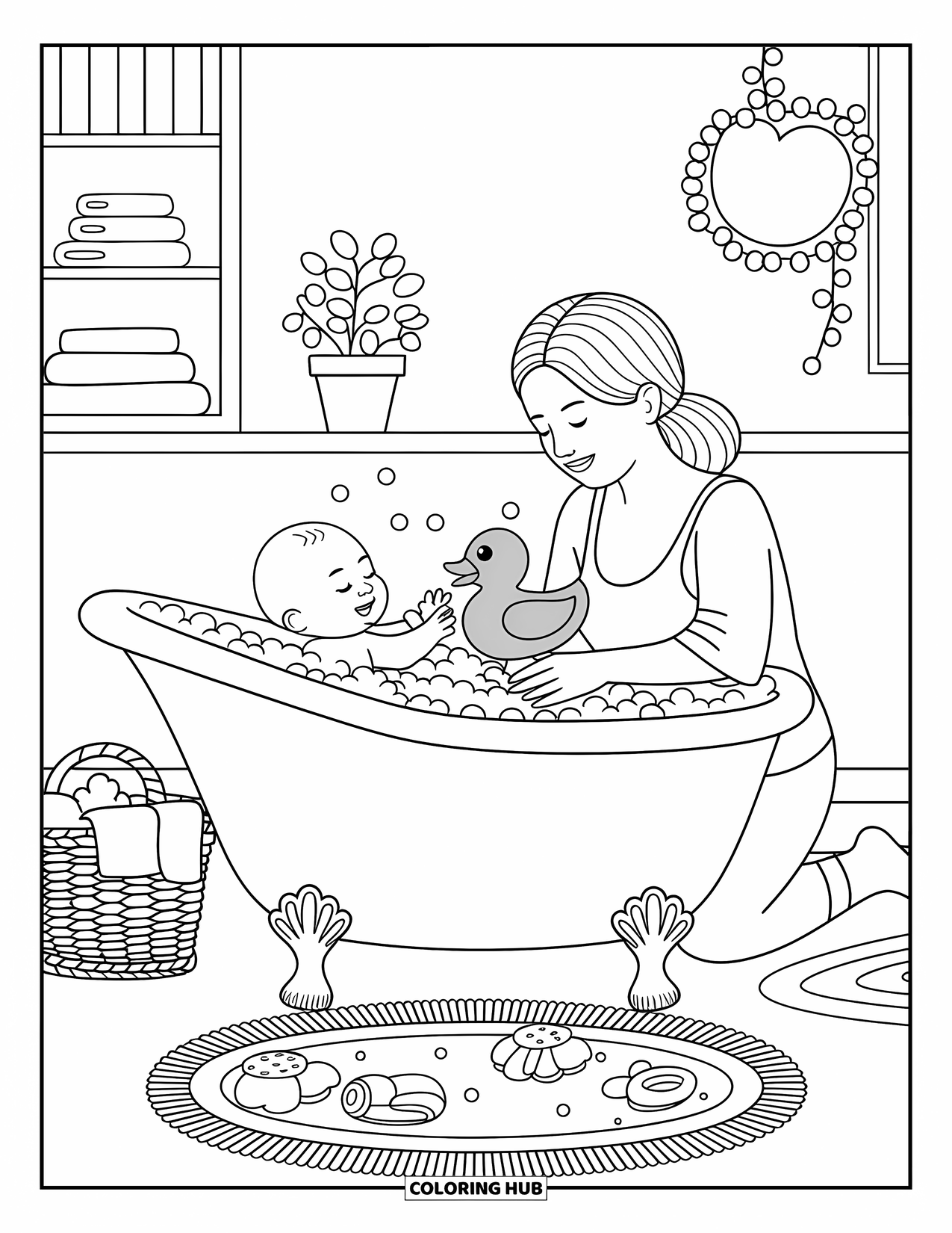 Mom Coloring Page for Adults: A mom kneels beside a bubbly tub as her baby plays with a rubber duck