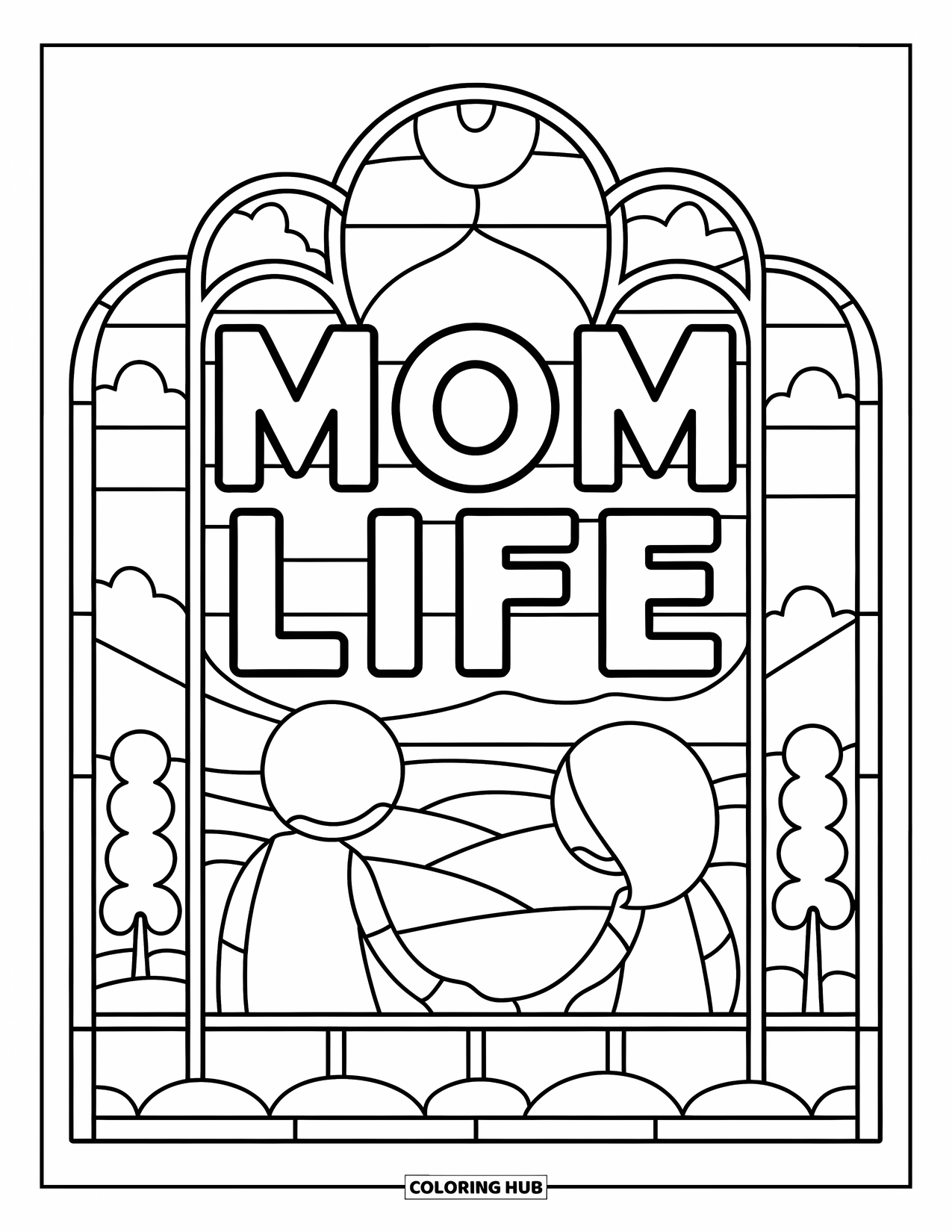 Mom Coloring Page for Adults: A "Mom Life" window with a mom and son framed by scenic outlines