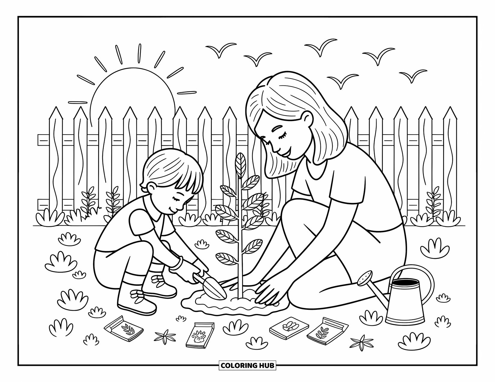 Mom Coloring Page for Adults: A mother and child plant a tiny tree surrounded by gardening tools