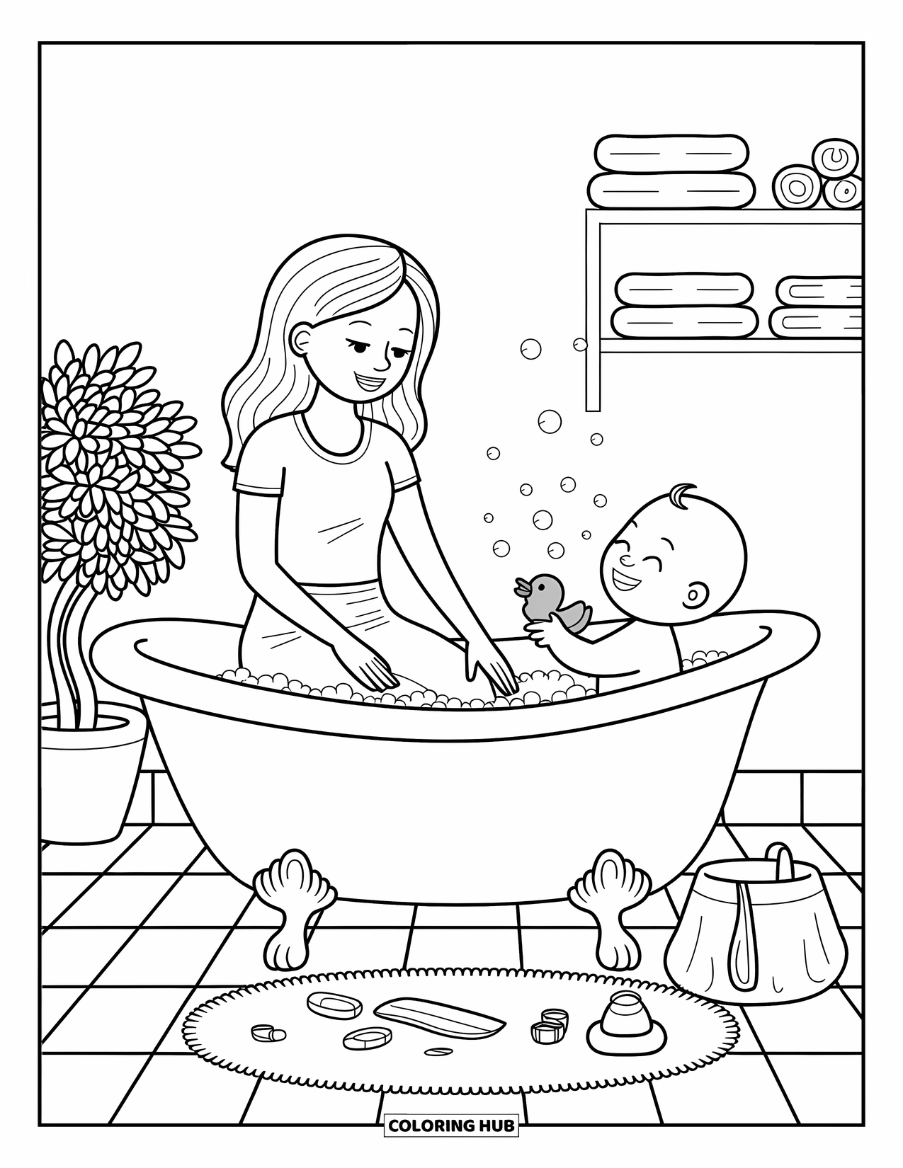 Mom Coloring Page for Adults: A mother lovingly helps her baby splash and play during bath time
