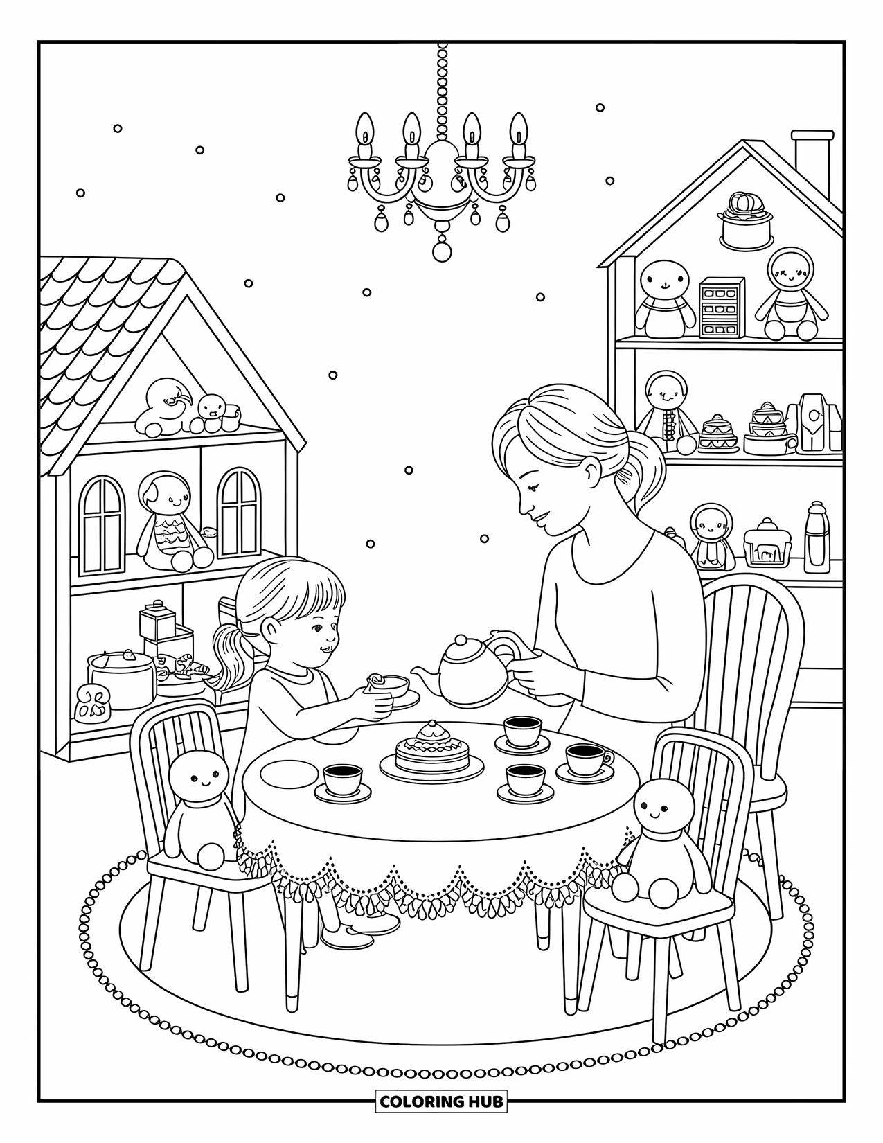 Mom Coloring Page for Adults: A playful tea party with mom, daughter, and stuffed animals joining in