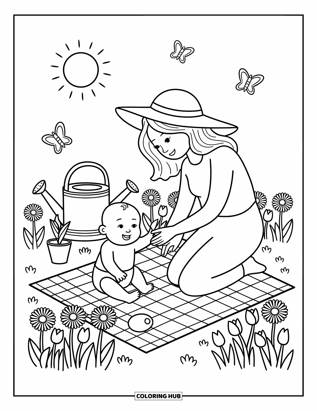Mom Coloring Page for Adults: A sweet garden scene of a mom showing her baby a blooming flower