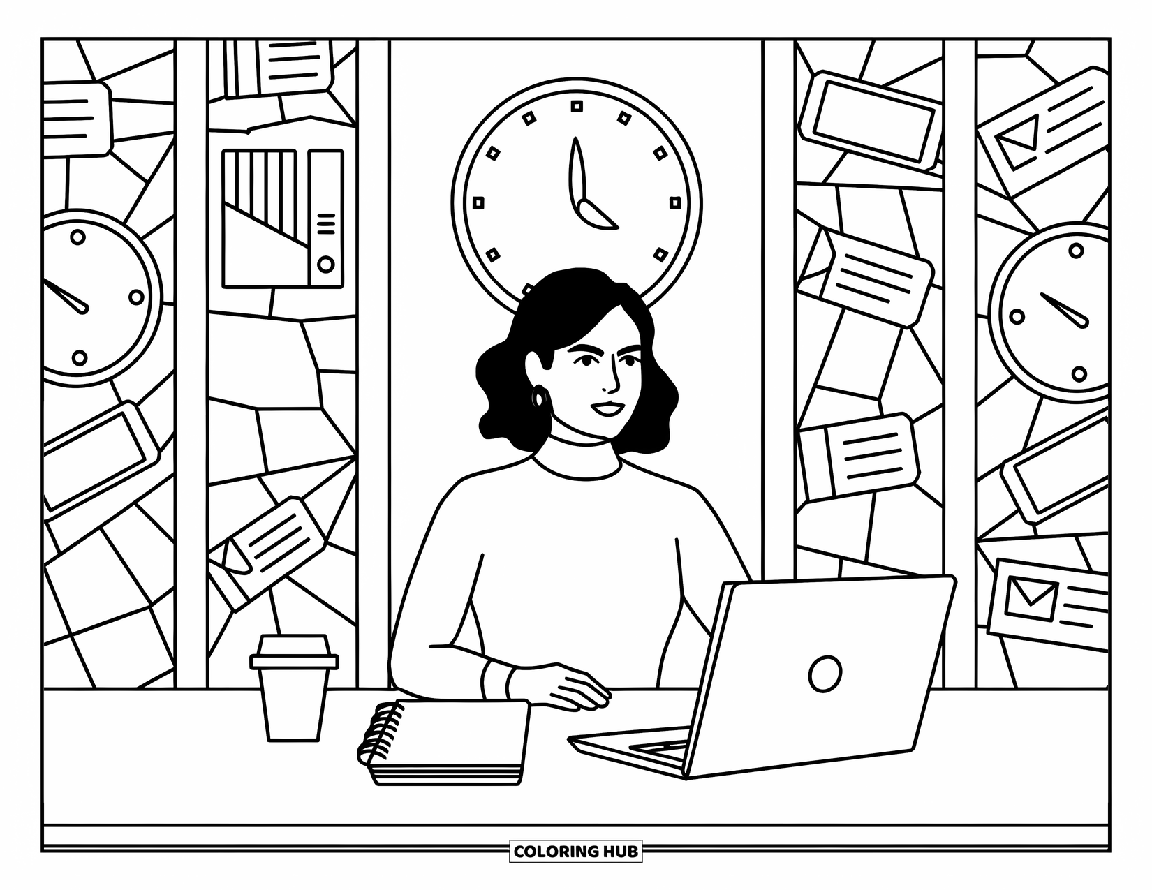 Mom Coloring Page for Adults: A working mom at her desk framed by stained glass clocks and files