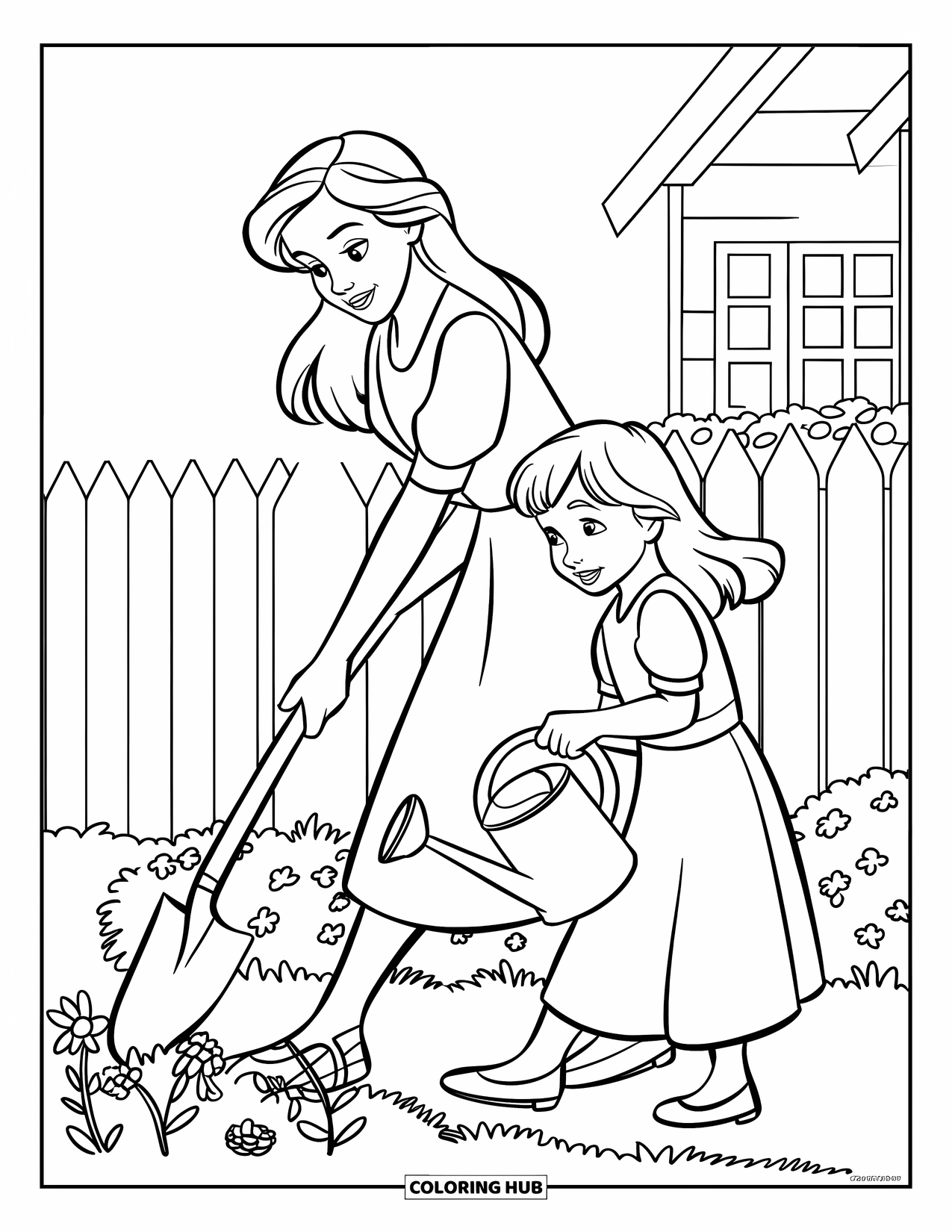 Mom Coloring Page for Kids: A cheerful garden scene of a mom and daughter planting flowers