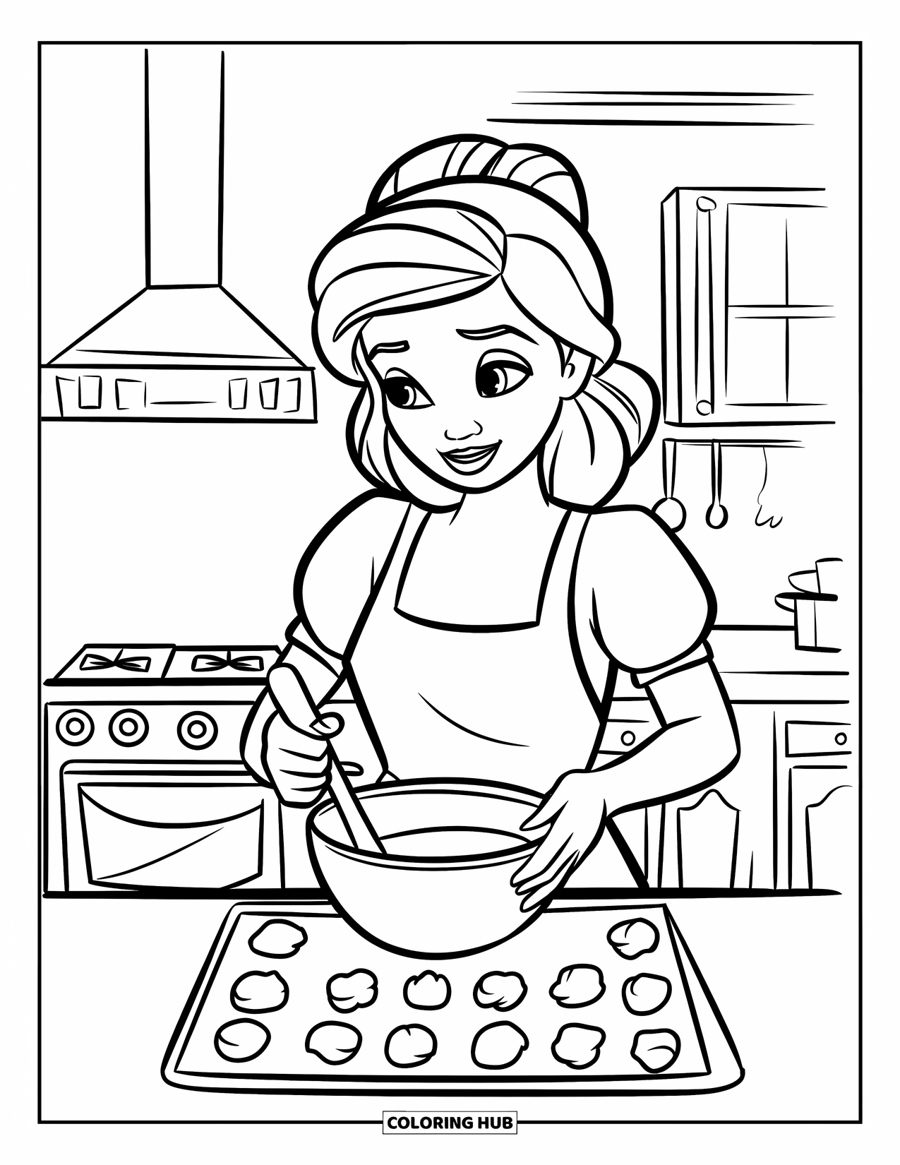 Mom Coloring Page for Kids: A cheerful mom bakes cookies at a bright kitchen counter