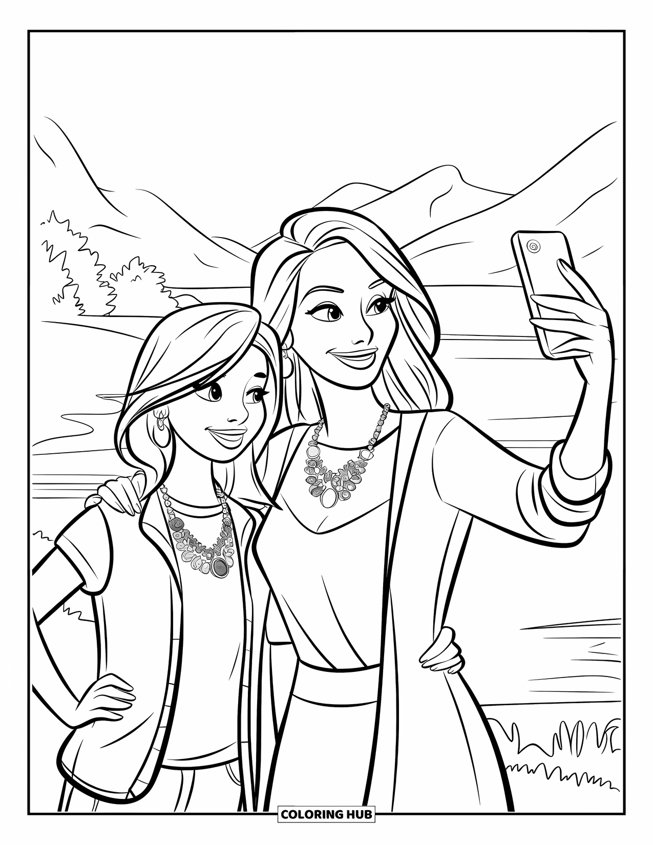 Mom Coloring Page for Kids: A chic mom and daughter take a selfie in a scenic landscape
