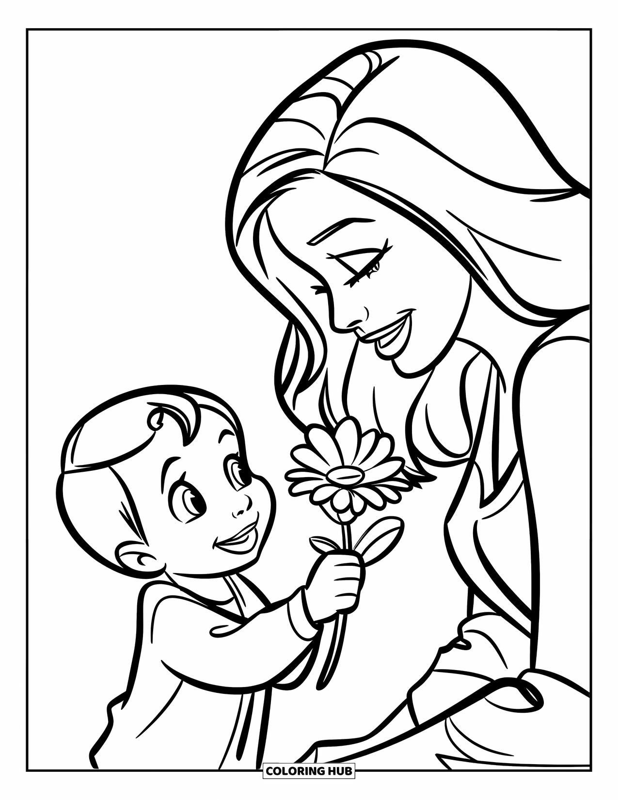Mom Coloring Page for Kids: A child lovingly offers a flower to their happy mom
