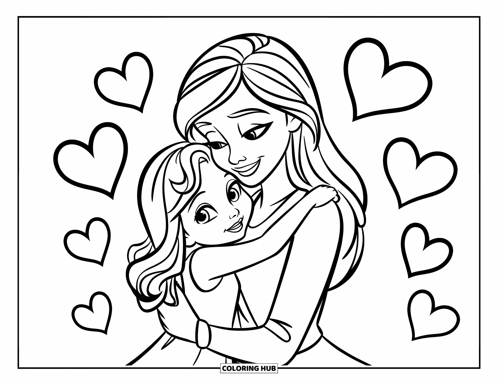 Mom Coloring Page for Kids: A daughter lovingly hugs her mom surrounded by floating hearts