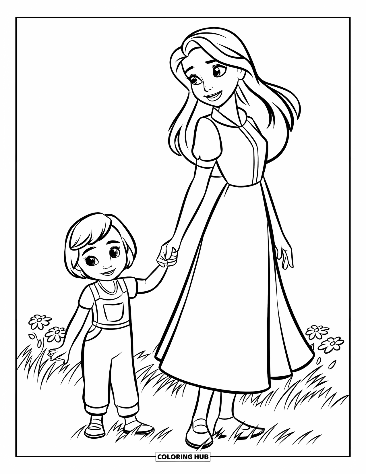 Mom Coloring Page for Kids: A happy mom holds hands with her smiling child in a field