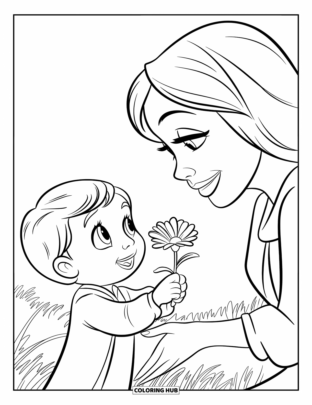 Mom Coloring Page for Kids: A joyful child hands a flower to their smiling mother